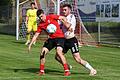 Lucas Fleischmann (vorne) schoss die DJK Schwebenried/Schwemmelsbach im Heimspiel gegen den TSV Aubstadt II (hinten Yannik Amthor) früh in Führung.