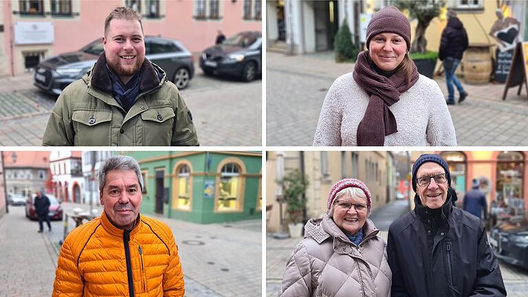 Ihre Meinung zu dem anonymen Drohbrief an die Volkacher Weinstube Torbäck sagten (oben von links) Fabian Obst und Olha Vykhieva sowie (unten von links) Martin Thomann, Edeltraud und Peter Schramm.